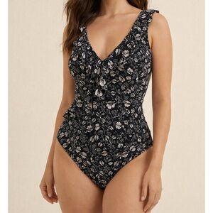 Niptuck women’s size 8,multi fit cup,Floral Ruffle One-Piece Swimsuit,navy/white